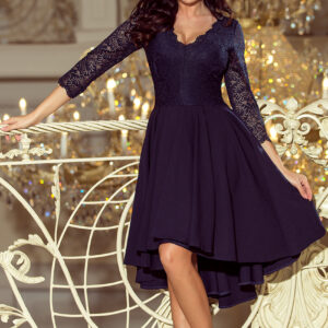 210-2 NICOLLE - sukienka z dłuższym tyłem z koronkowym dekoltem - GRANATOWA-1