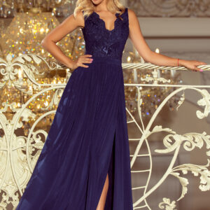 215-2 LEA długa suknia bez rękawków z haftowanym dekoltem - GRANAT-1