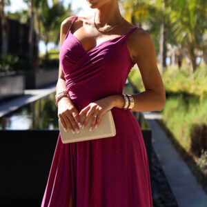 299-19 CHIARA elegancka maxi długa suknia na ramiączkach - FUKSJA Z BROKATEM-1