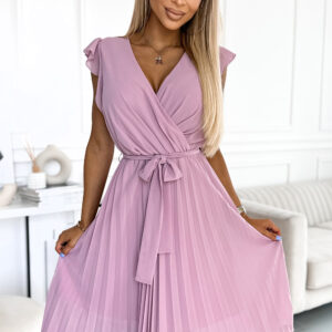 374-3 POLINA Plisowana sukienka z dekoltem i falbankami - BRUDNY RÓŻ-1