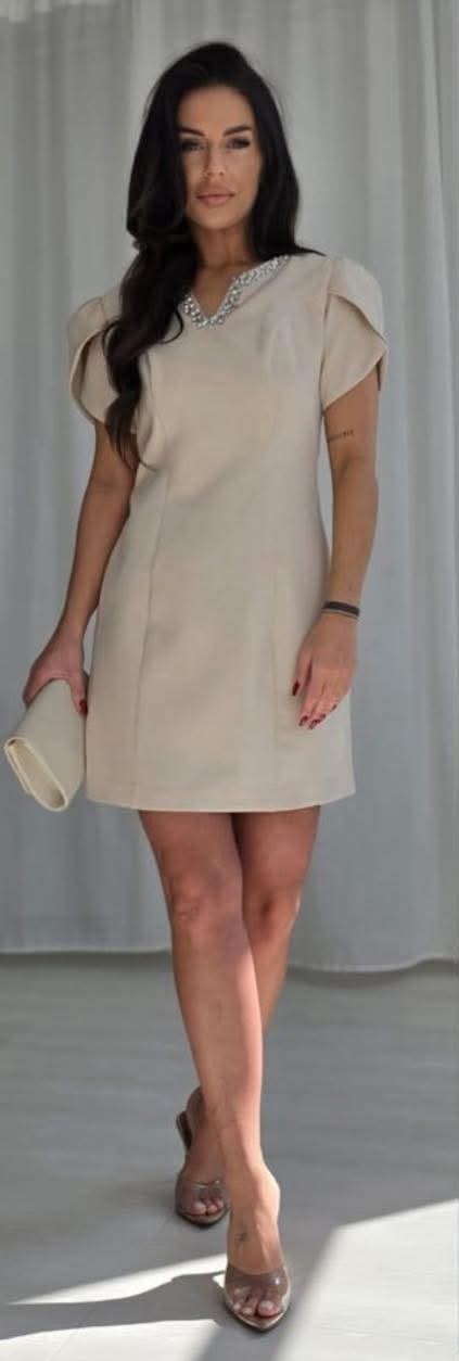 Elegancka Beżowa Sukienka Mini z Bufkami