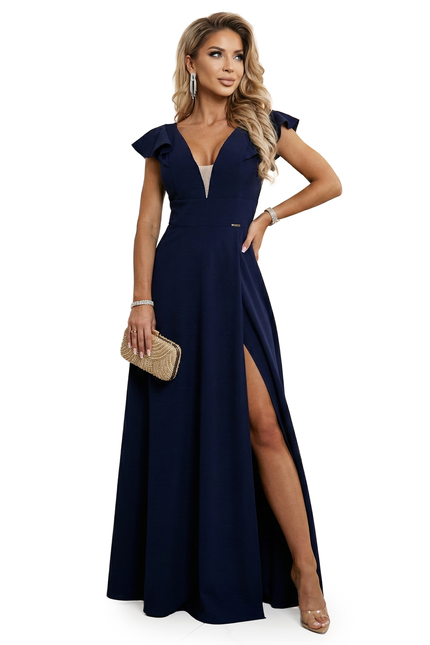 660-1 Elegancka sukienka maxi z falbankami, głębokim dekoltem i rozcięciem na nodze - granatowa-11