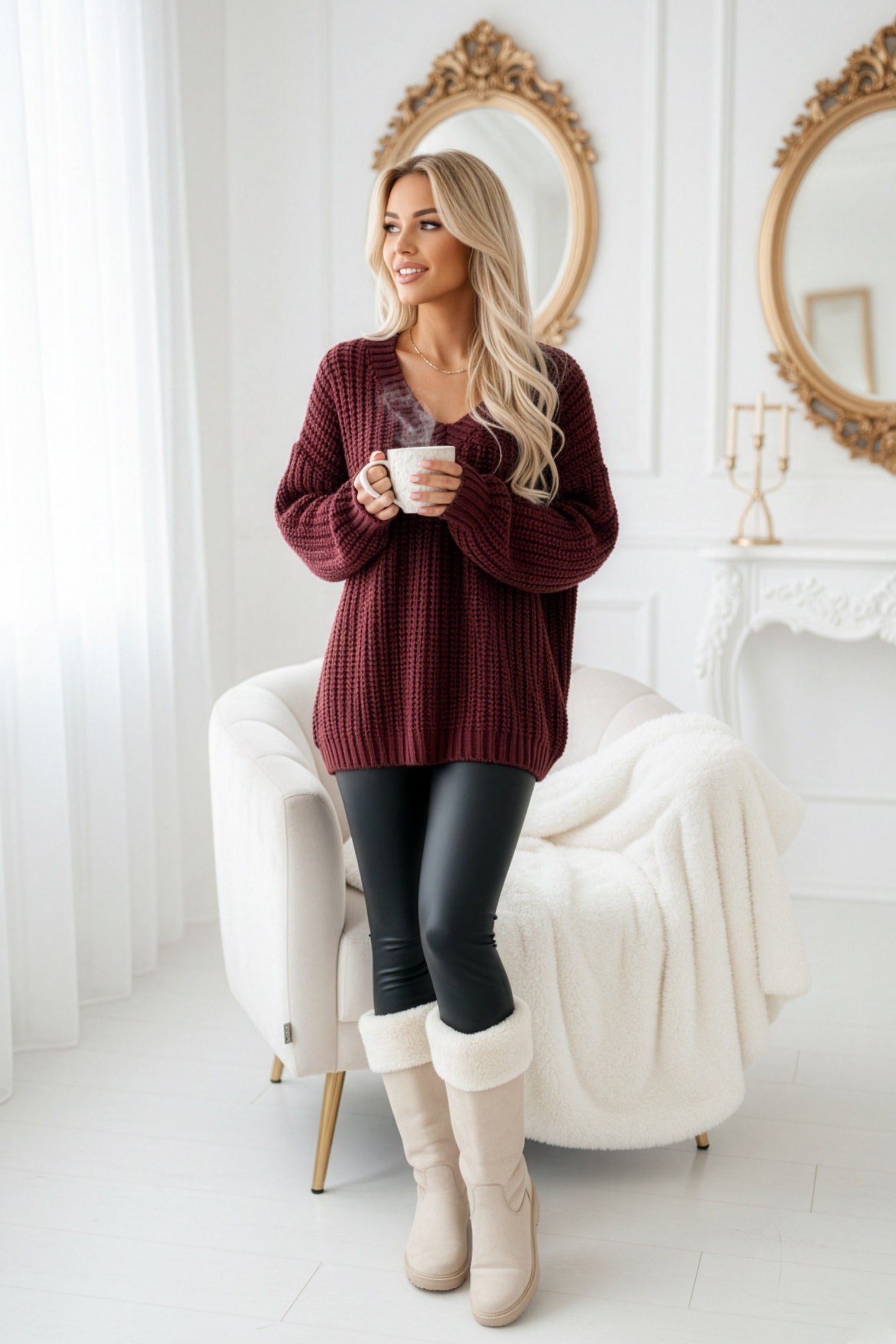 661-1 Ciepły sweter oversize o mięsistym splocie i dekolcie V - bordowy-6