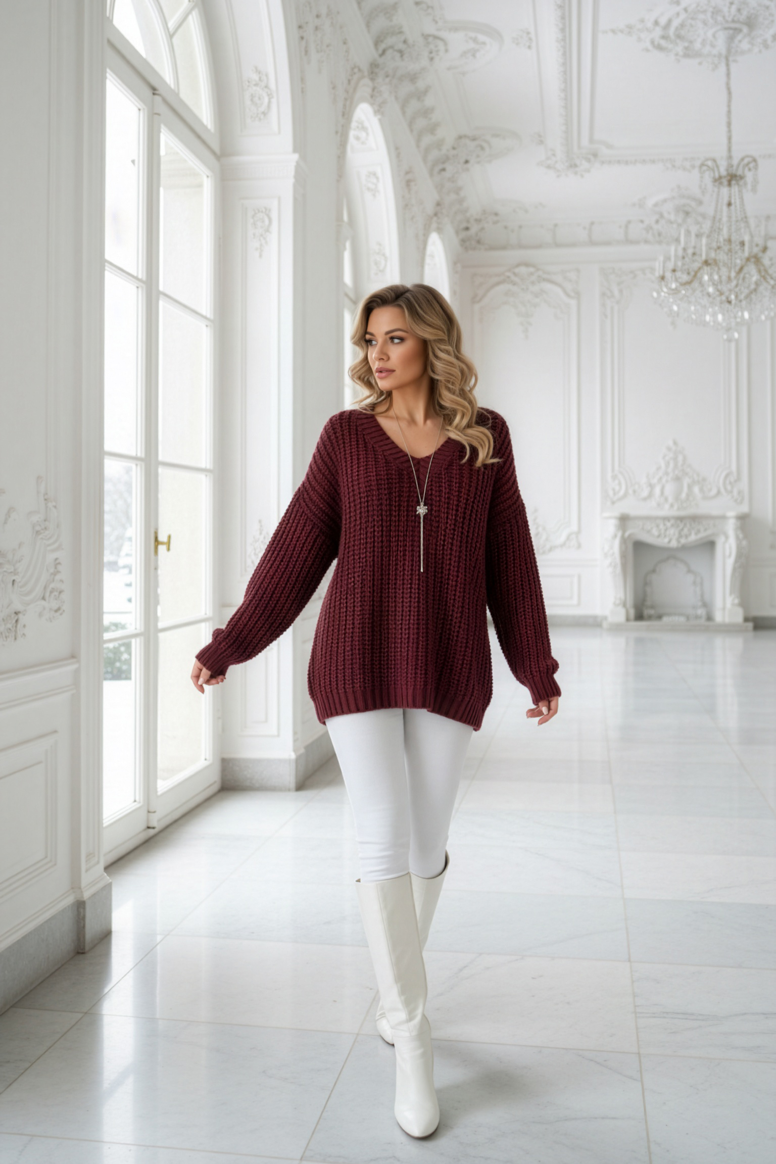 661-1 Ciepły sweter oversize o mięsistym splocie i dekolcie V - bordowy-5