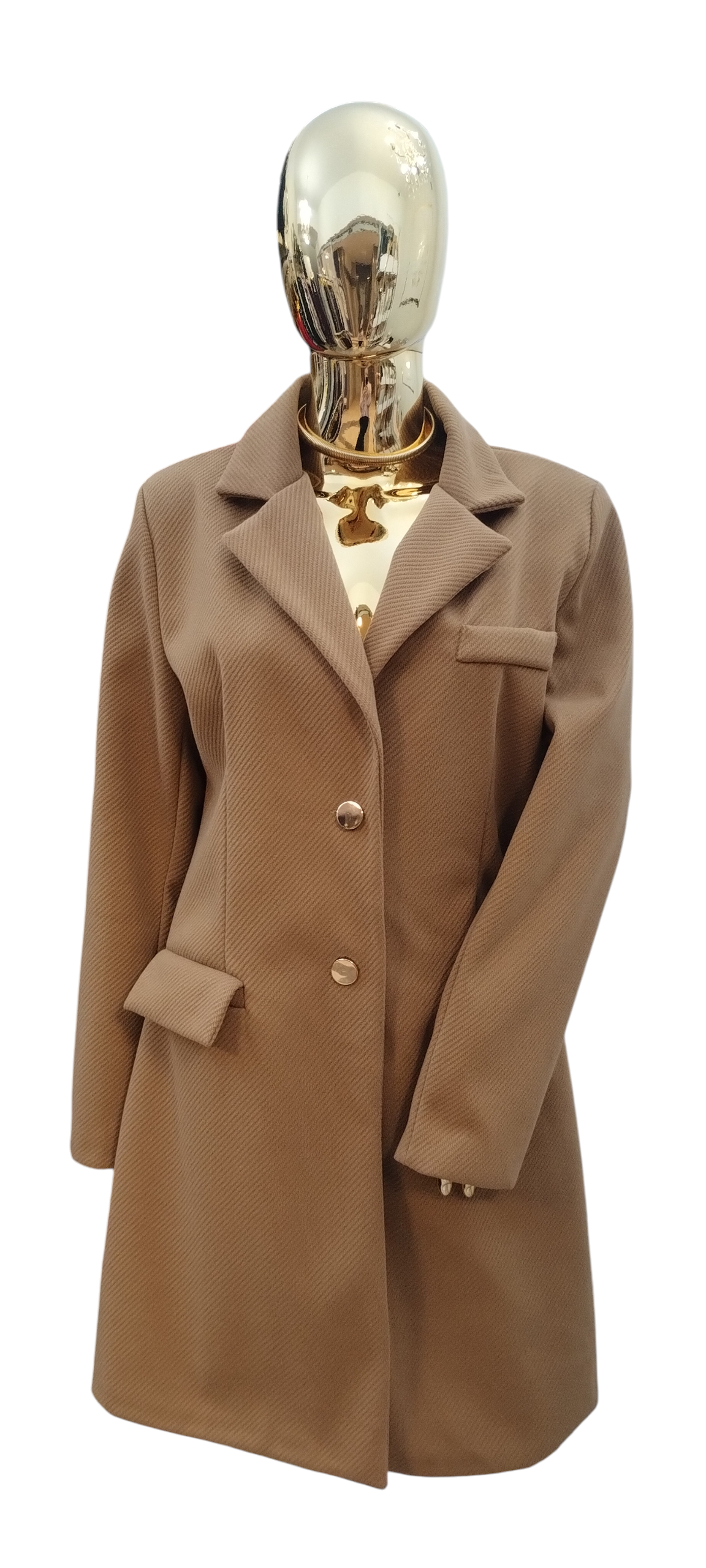 Elegancki Płaszcz Camel ze Złotymi Detalami