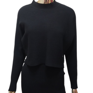 Czarny prążkowany komplet sukienka + sweter